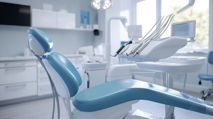 Modern dental clinic has new equipment with dental chair and accessories. It's in blue and white.