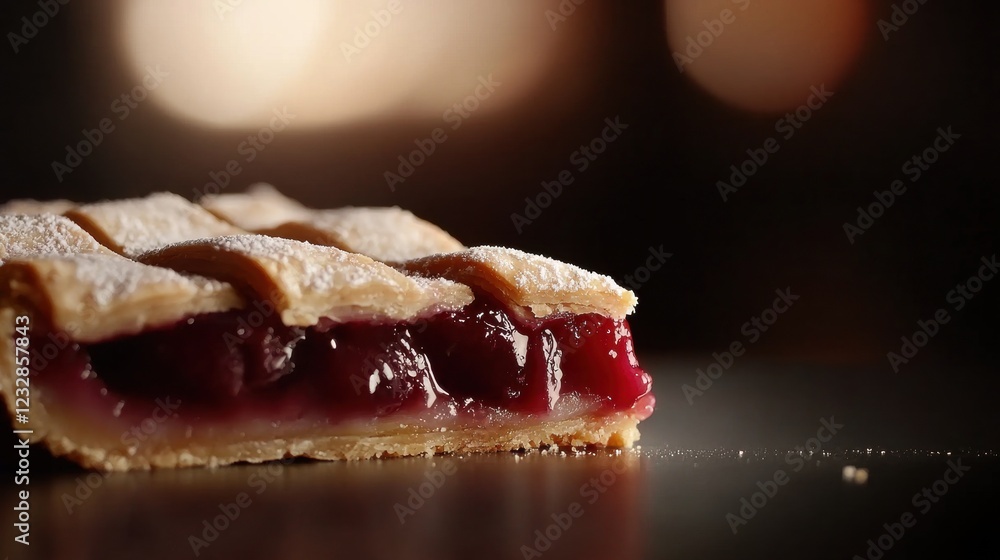 Poster close-up of a slice of cherry pie. the pie has a golden-brown crust with a lattice-like design on to