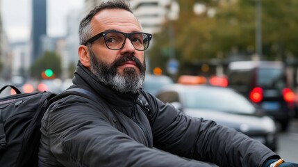 Obraz premium A determined man with a stylish beard pauses with his electric bike amidst a bustling city street, ready to continue his commute.