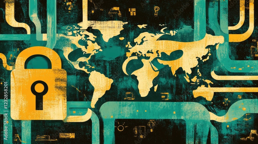 Poster Global Security Network Abstract World Map Lock