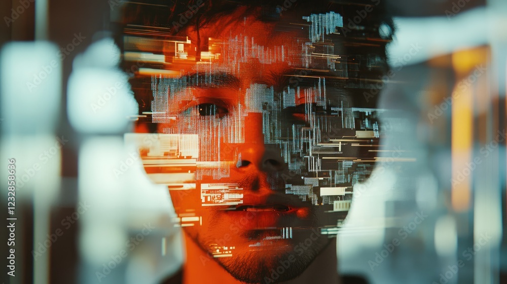 Aufkleber Digital Overlay Man Face Data Stream Technology