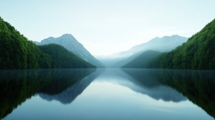 serene mountain lake reflection at dawn