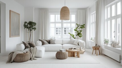 White, airy living room with Scandinavian minimalist style. Clean and simple lines, natural materials, and cozy textiles create a calming and inviting space.