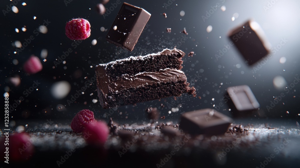 Poster slice of chocolate cake with raspberries scattered around it. the cake is in the center of the image