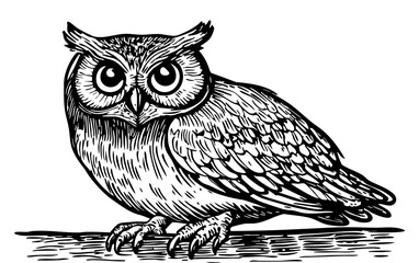 Classic Cartoon Owl Artwork, High-Contrast Black-and-White Art, Sketch, No Background 