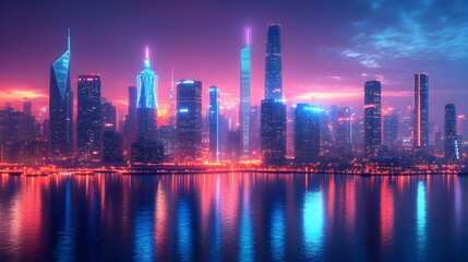 Futuristic city skyline at twilight with glowing neon accents – Generative AI