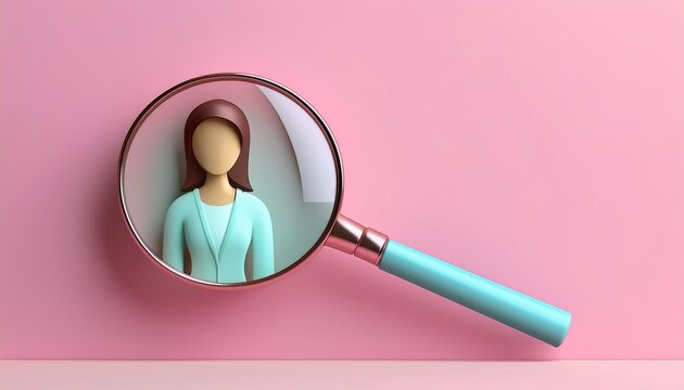 Customer insight concept. Magnifying glass focusing on a figure against a pink background.