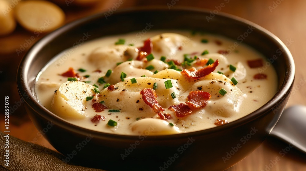 Poster close-up of a bowl of creamy soup. the soup appears to be a creamy white color with chunks of potato