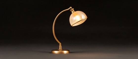 gold desk lamp with a curved arm and frosted glass shade illuminates a dark background