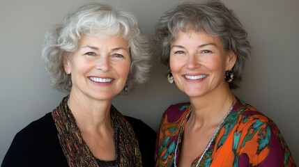 Two joyful senior women with gray hair smile warmly indoors, exuding affection and friendship.