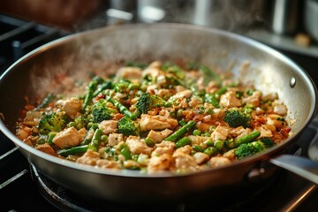 Cooking chicken stir fry with vegetables and flames in a kitchen