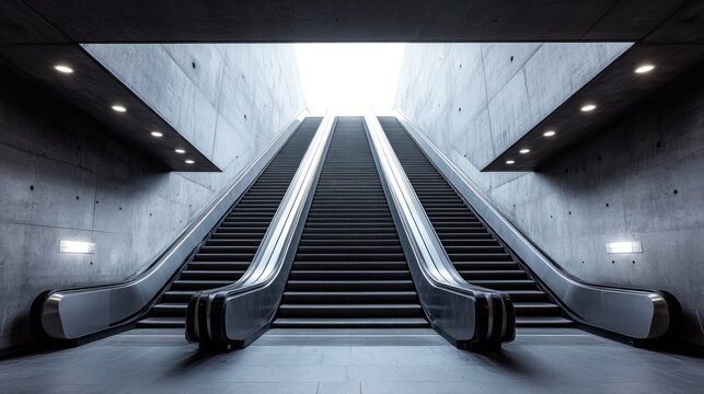 Modern escalators ascend in concrete underpass to light