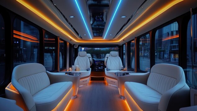 Luxury Party Bus Interior: Nighttime Cityscape View
