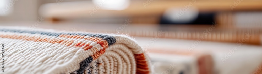 Poster close-up of a loom mid-process, a bold geometric pattern appearing row by row