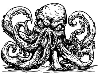 Detailed Cartoon Kraken Drawing Perfect for Design and Art Projects, Sketch, Transparent Background 