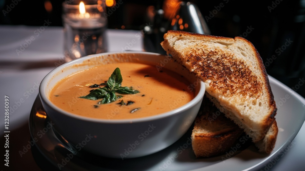 Poster bowl of tomato soup on a white plate with a slice of grilled cheese sandwich on the side. the soup i