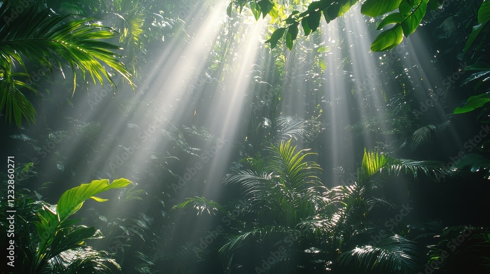 Poster sunlight filtering through dense forest canopy creates a serene atmosphere in a tranquil woodland se