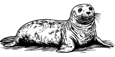 Detailed Seal Line Drawing Beautiful Monochrome Artwork, Sketch, Transparent Background