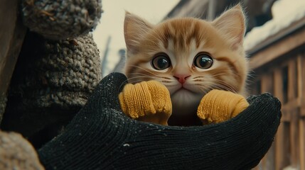 A charming little ginger kitten snuggles peacefully in warm, cozy hands, providing comfort on a chilly day in a beautiful winter landscape