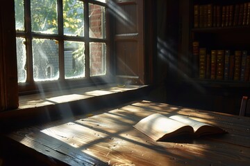 Sunlit Study Corner: Open Book on Table Enhancing Atmosphere of Quiet Reflection and Contemplation