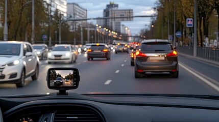 Fototapeta premium Busy urban street showing evening traffic with vehicles and bright city lights reflected in the car dashboard display