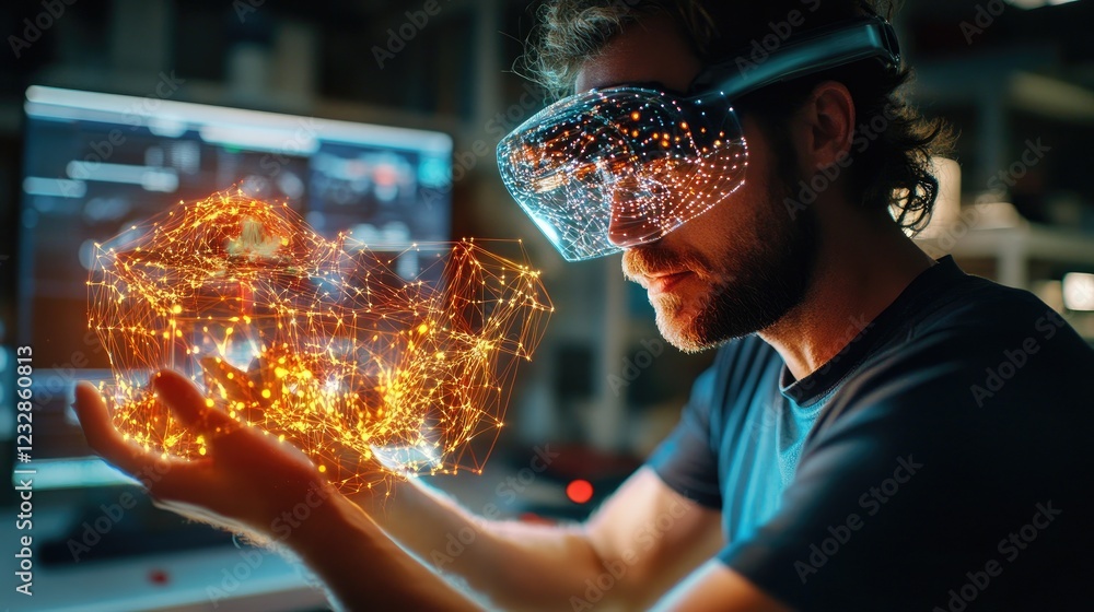 Poster man wearing vr headset interacts with digital network sphere