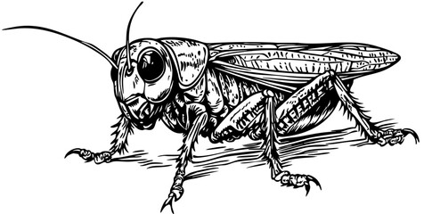 Elegant Illustration of Cartoon Cricket Monochrome Art in High Detail, Sketch, No Background