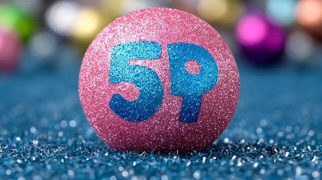 Pink 5p bauble on blue glitter, festive background