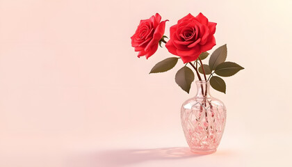 Vector image of two bright red roses arranged in an elegant crystal vase. 