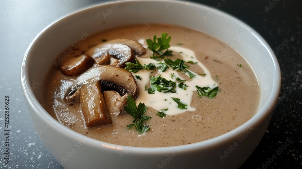 Poster close-up of a bowl of soup. the soup appears to be creamy and has a light brown color. on top of the