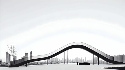 Obraz premium Modern curved bridge over urban skyline, minimalist monochrome.