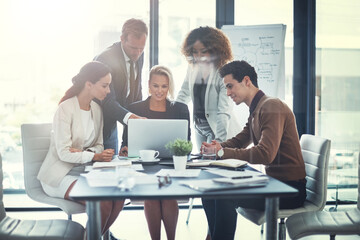 Business, people and check laptop in meeting for finance growth, research and investment information. Employees, teamwork and online web for policy email, banking funding and ideas of proposal update