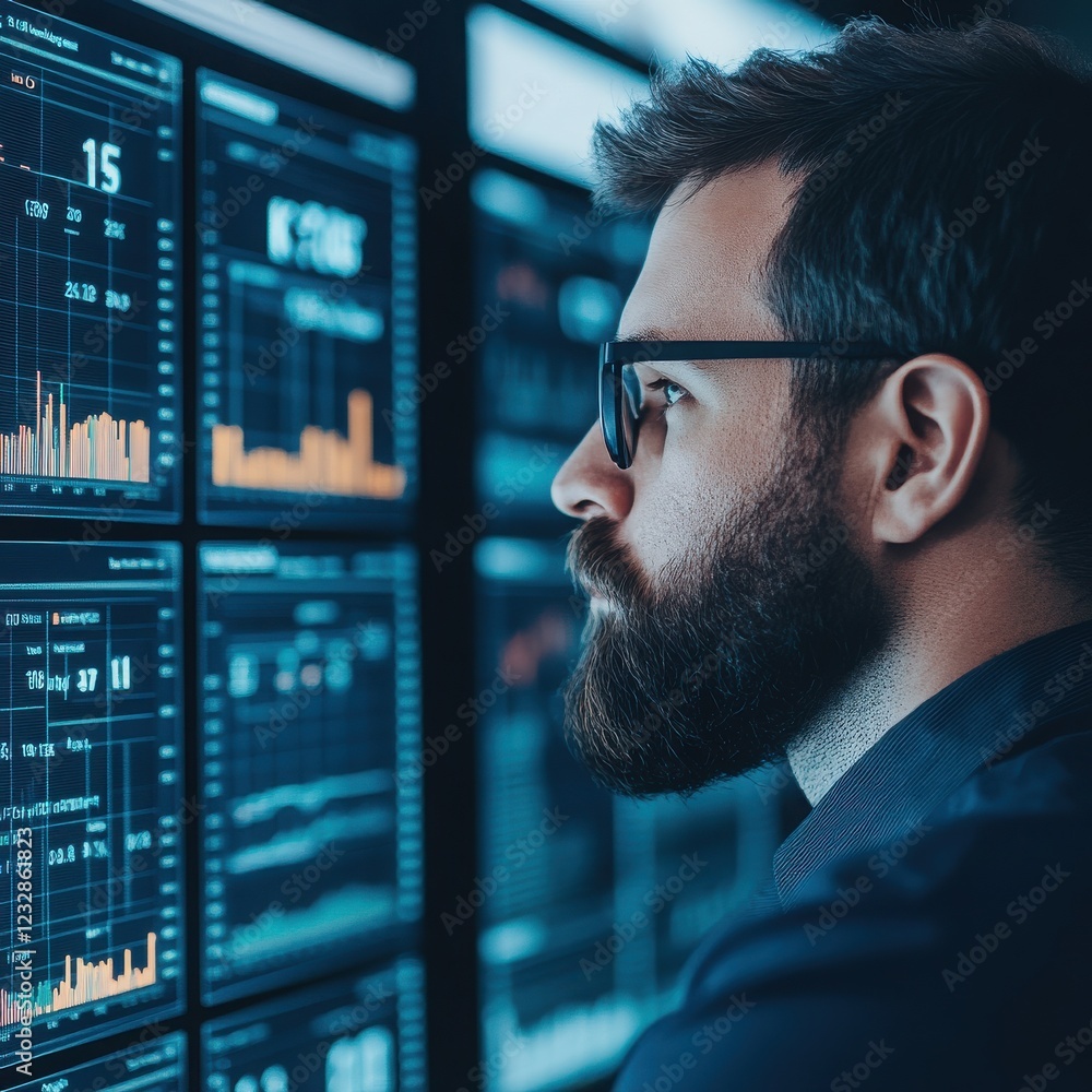 Poster a focused individual analyzing digital financial graphs and data on screens in a modern office envir