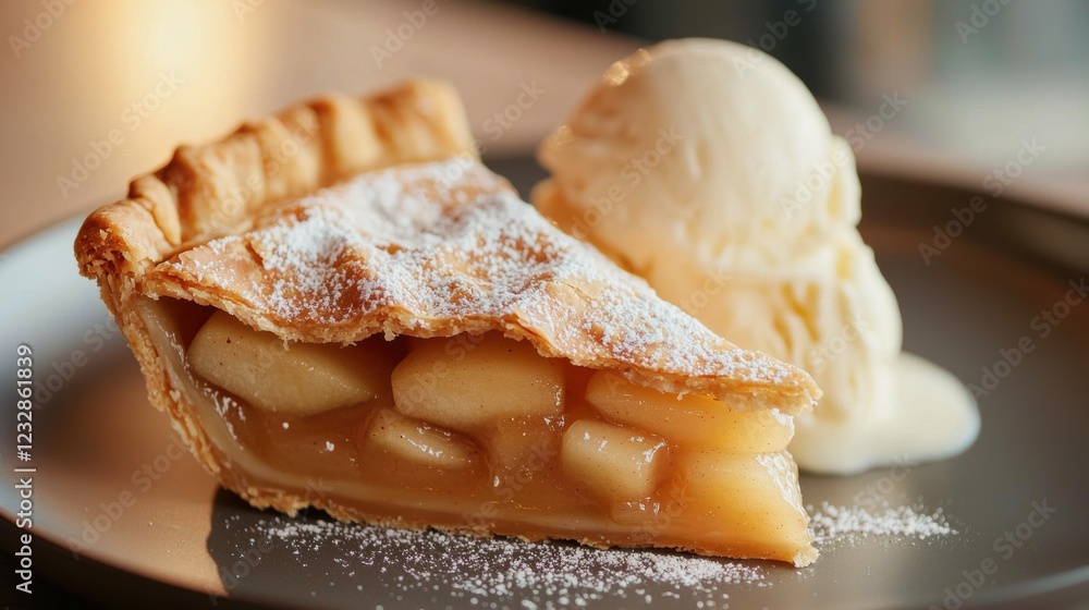 Poster slice of apple pie on a plate with a scoop of vanilla ice cream on the side. the pie has a golden br