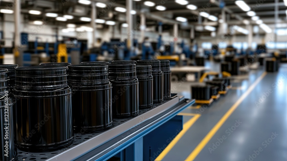 Poster manufacturing process in a modern factory with rows of black containers on a production line during 