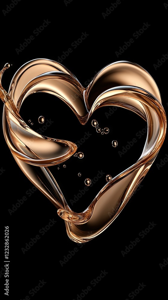 Poster heart shape created with swirling golden liquid on a black background with bubbles floating around i