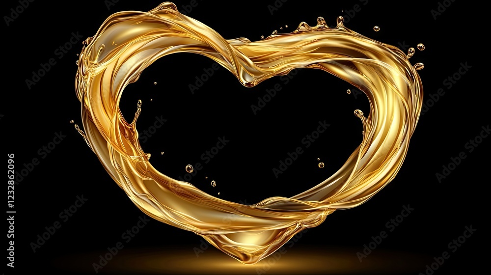 Poster golden liquid flows gracefully into a heart shape, creating an elegant and vibrant display against a