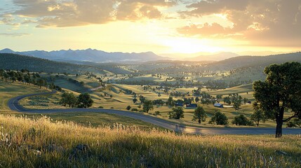 Obraz premium Scenic Rural Landscape at Sunset Over Rolling Hills