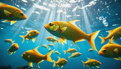 Naklejka premium Dynamic underwater view of shimmering golden fish in clear blue water