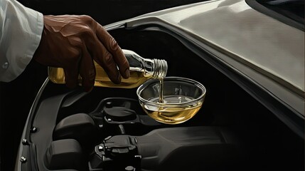 Person pouring golden liquid into a bowl placed on the engine of a vehicle in a maintenance setting during daylight hours