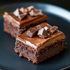 two fudgy chocolate brownies topped with chocolate chunks on a black plate.