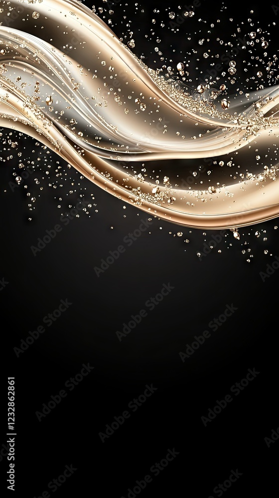 Poster flowing waves of metallic hues and shimmering droplets create an elegant abstract composition on a d