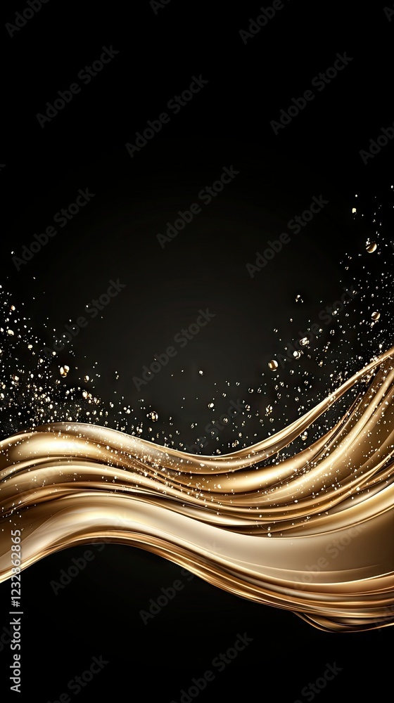Poster flowing golden waves create a mesmerizing display with sparkling elements against a dark backdrop du