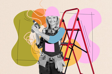 Creative sketch collage of happy old blonde repair woman hold drill equipment wear boiler-suit ladder tool renovation concept