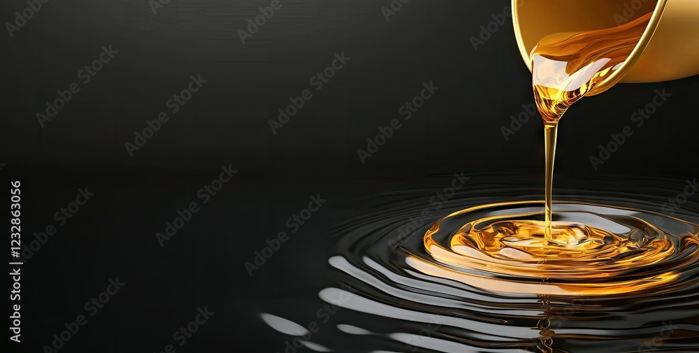 Poster golden liquid pours from a container into a smooth, dark surface, creating ripples and reflecting li