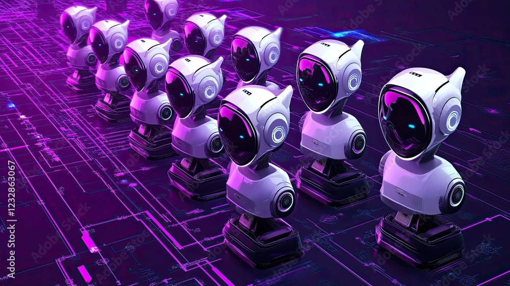 Poster A Row Of Futuristic White Robots Stands On A Circuit Board