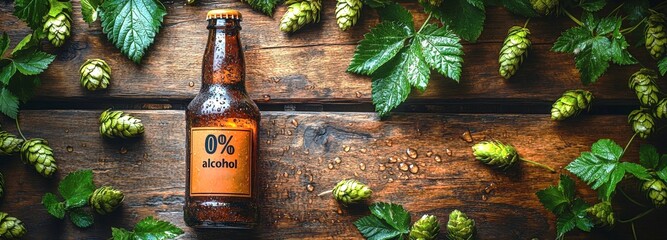 Sleek modern non-alcoholic beer bottle surrounded by fresh hops on rustic wood