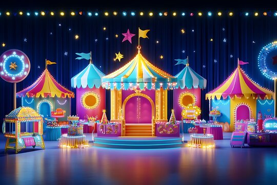 A vibrant birthday stage showcasing a summer carnival theme with colorful tents, fun games, and lively accents creating an atmosphere full of energy and excitement.