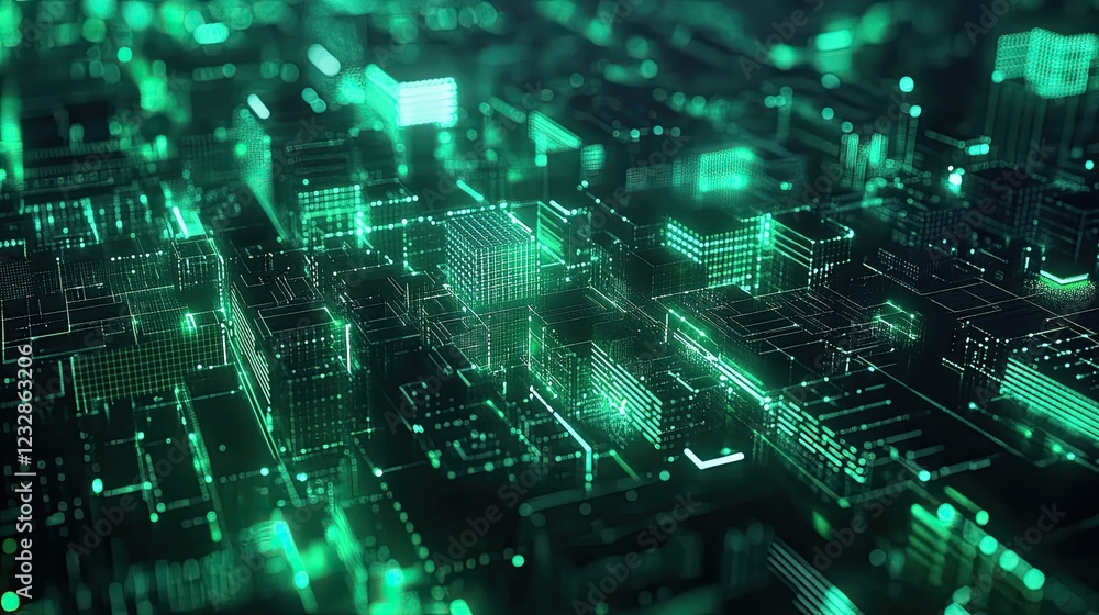 Poster abstract green digital cityscape showing network data flow