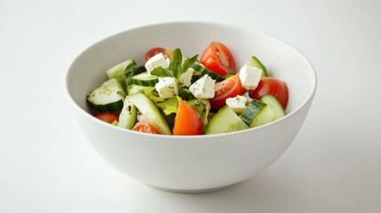 A simple bowl of plain Greek salad with cucumber, tomatoes, and feta cheese